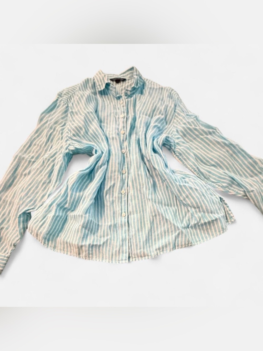 Lands' End 100% Linen Women’s Blue & White Striped Button-Down Shirt, Sz XL